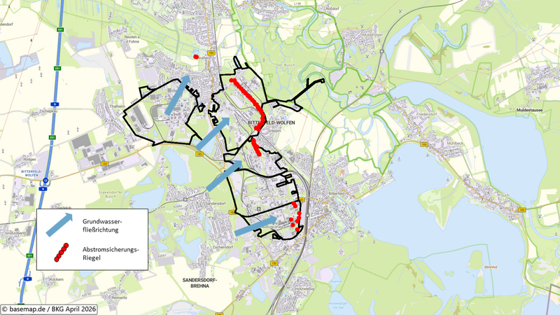 Chemiepark Bitterfeld-Wolfen mit Lage der Abstromsicherungen